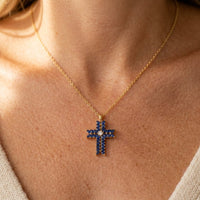 Gold Sapphire Cross Pendant Necklace