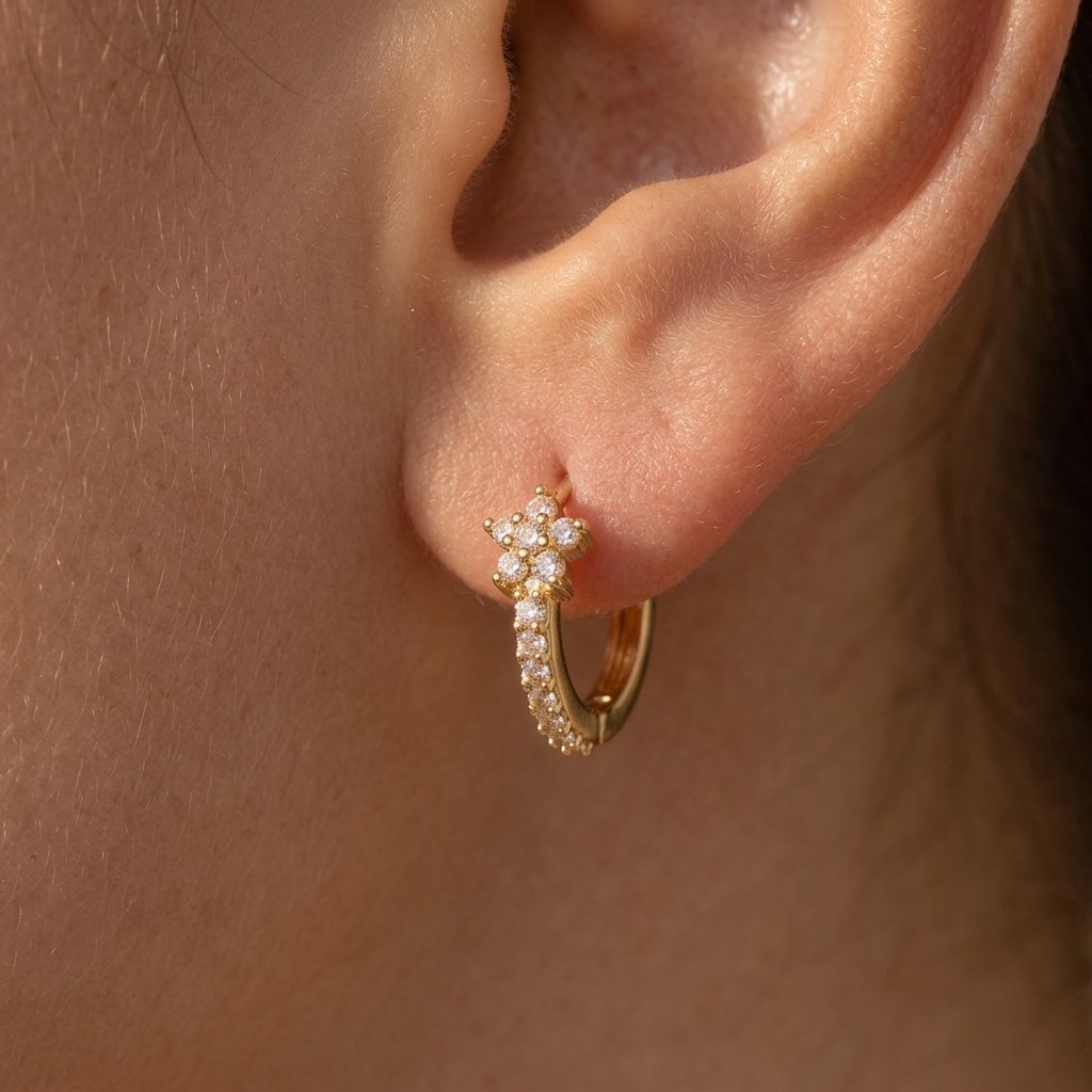 Gold Cubic Zirconia Flower Hoop Earrings