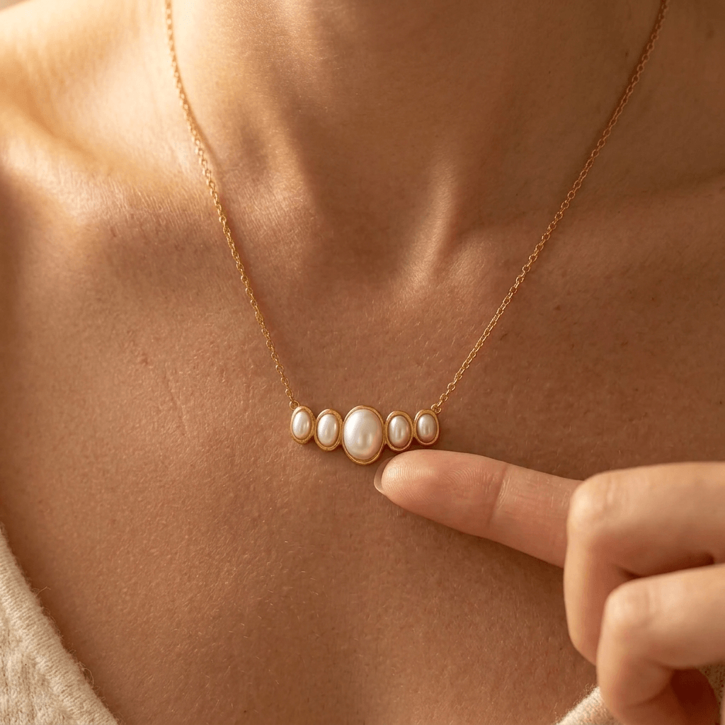 Gold Pearl Oval Five Stone Necklace