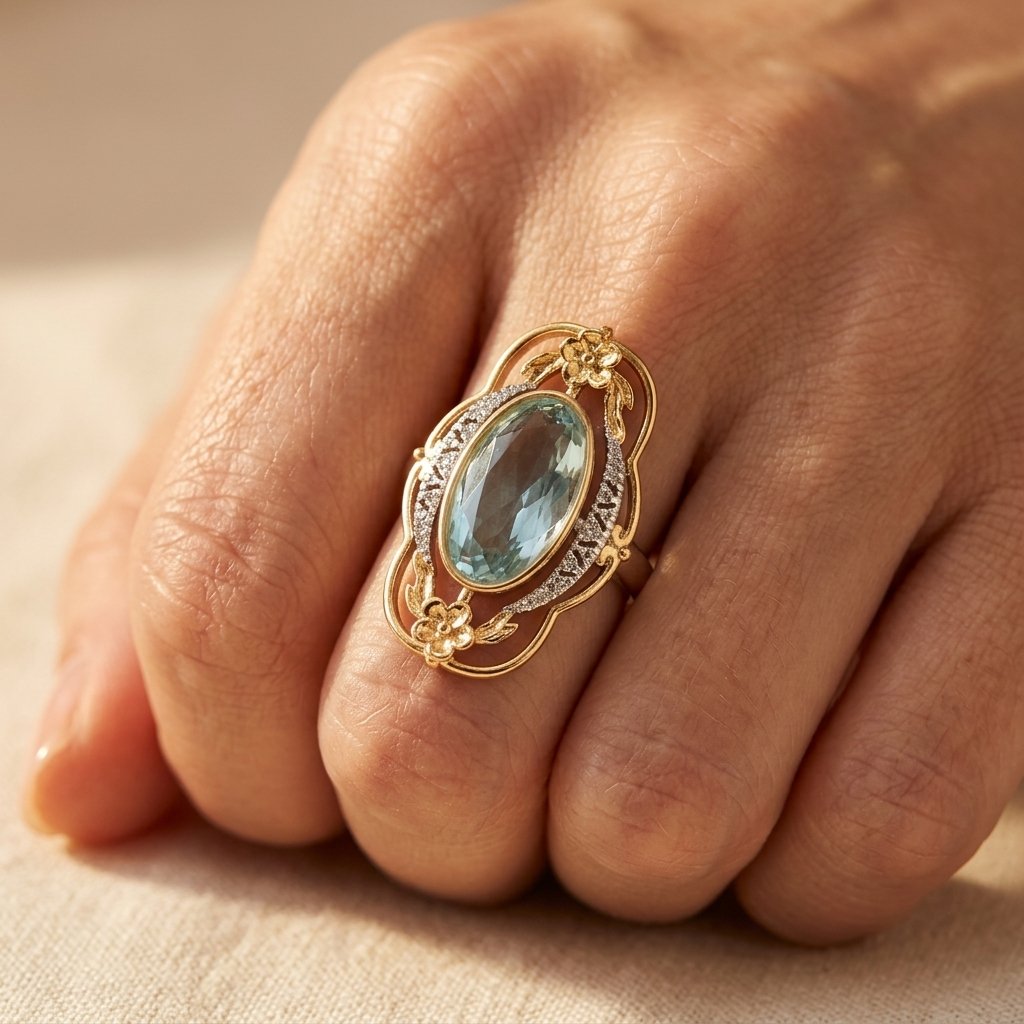 Vintage Gold Aquamarine Oval Floral Ring