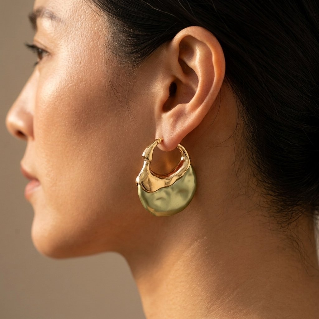 Retro Gold Hammered Pale Green Teardrop Earrings