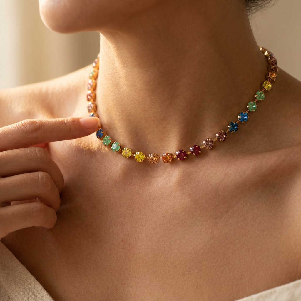 Rainbow Cubic Zirconia Gold Tennis Necklace