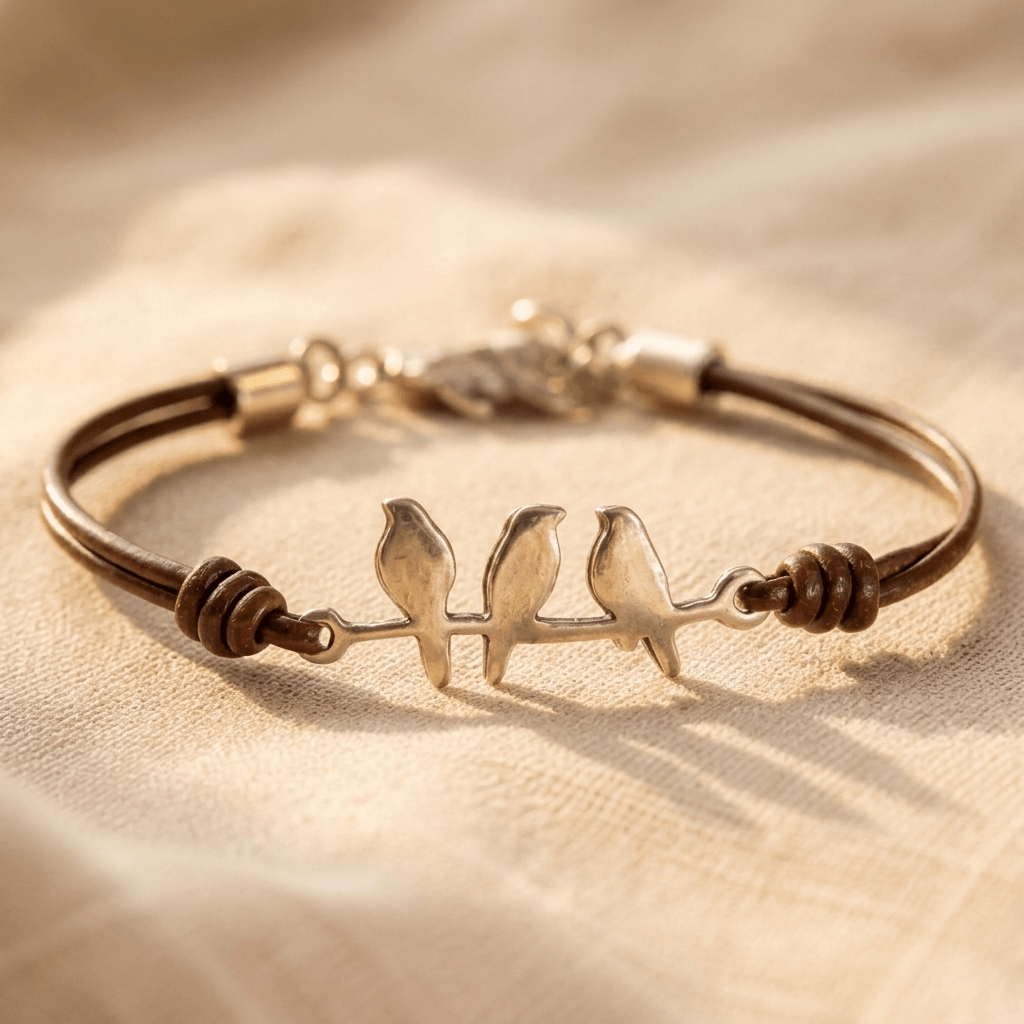 Vintage Three Birds Bronze Leather Bracelet