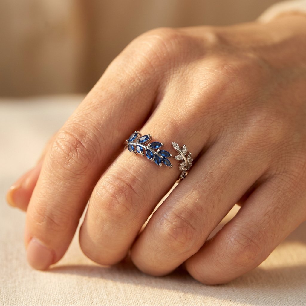 Silver Blue Sapphire Leaf Ring