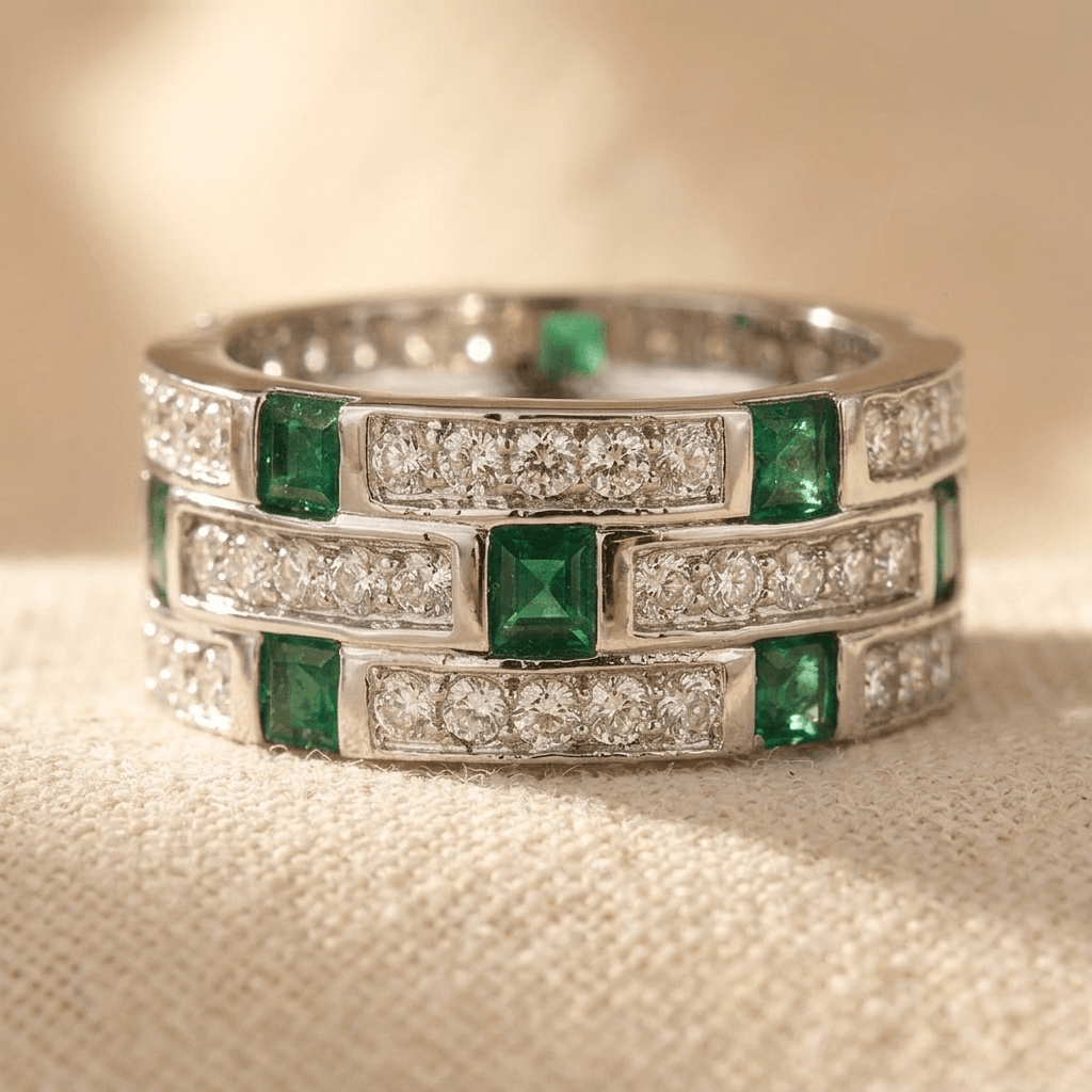 Emerald Green Silver Diamond Band Ring