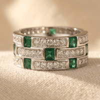 Emerald Green Silver Diamond Band Ring