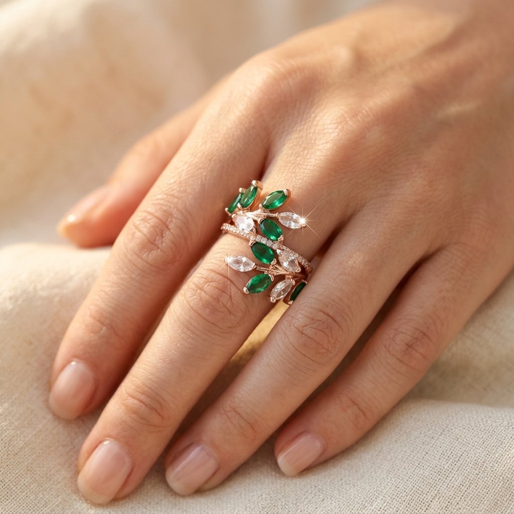 Gold Green Crystal Leaf Branch Ring
