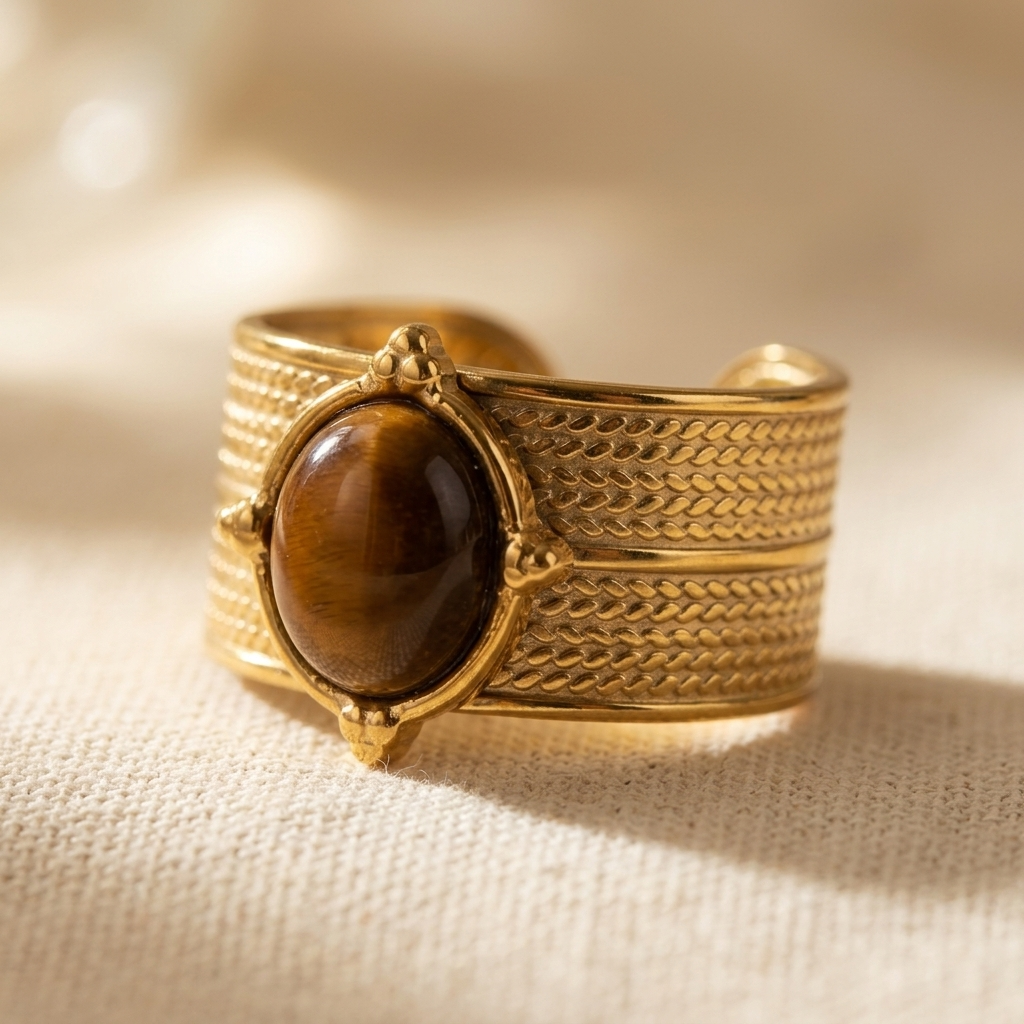 Golden Stainless Steel Tiger Eye Stone Ring