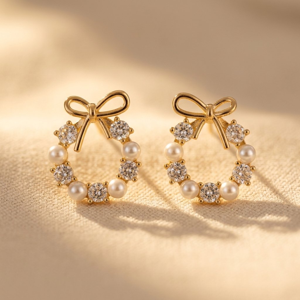 Gold Pearl Cubic Zirconia Bow Earrings