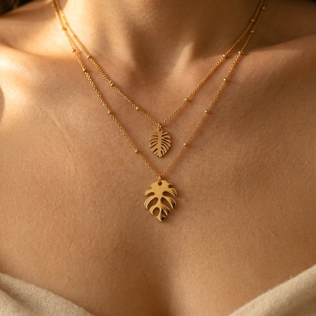 Gold Tropical Monstera Leaf Layered Necklace