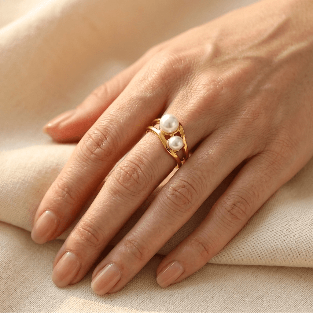 Gold Dual Pearl Geometric Opening Ring