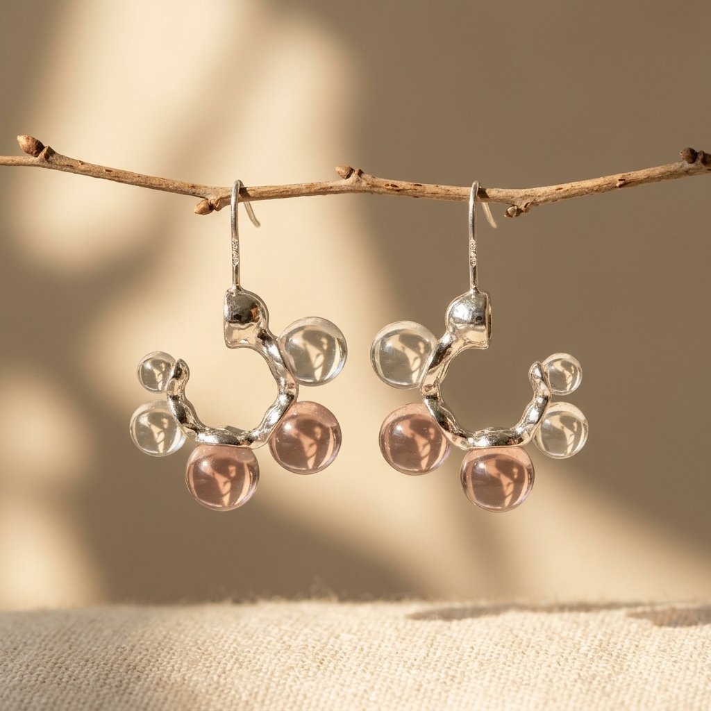 Sculptural Silver Clear Pink Bubble Hoop Earrings