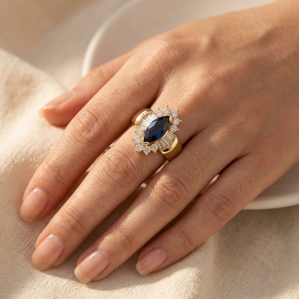 Gold Sapphire Marquise Halo Ring