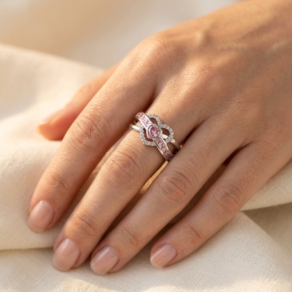 Silver Pink Tourmaline Heart Wing Ring