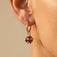 Gold Ruby Cushion Hoop Dangle Earrings