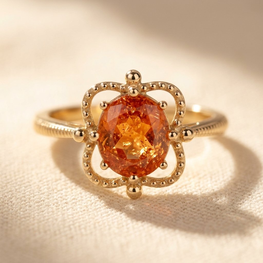 Gold Amber Oval Beaded Flower Ring
