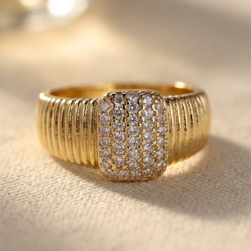 Gold Ribbed Diamond Cushion Ring