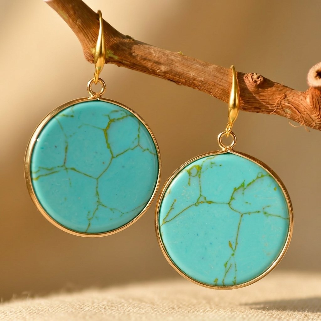 Boho Gold Turquoise Veined Round Earrings