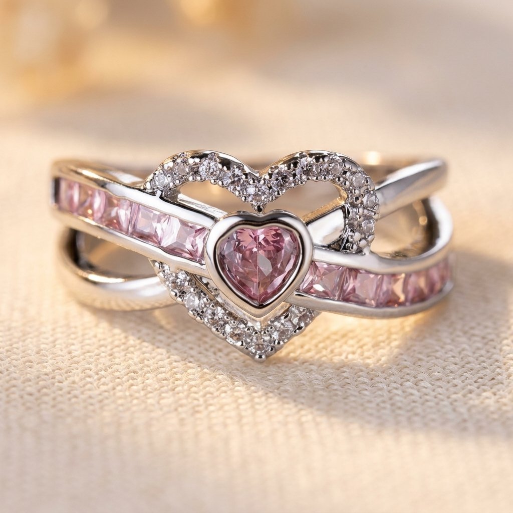 Silver Pink Tourmaline Heart Wing Ring