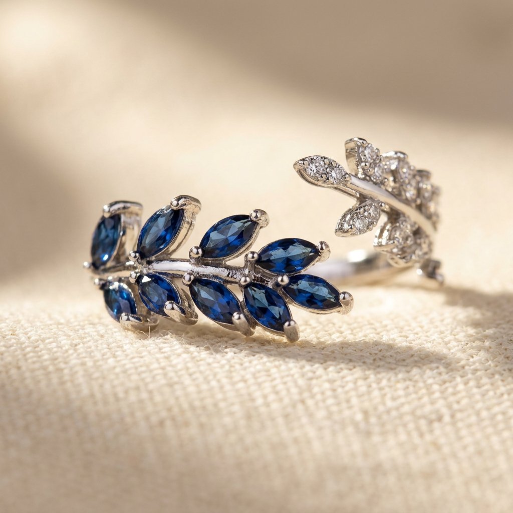 Silver Blue Sapphire Leaf Ring