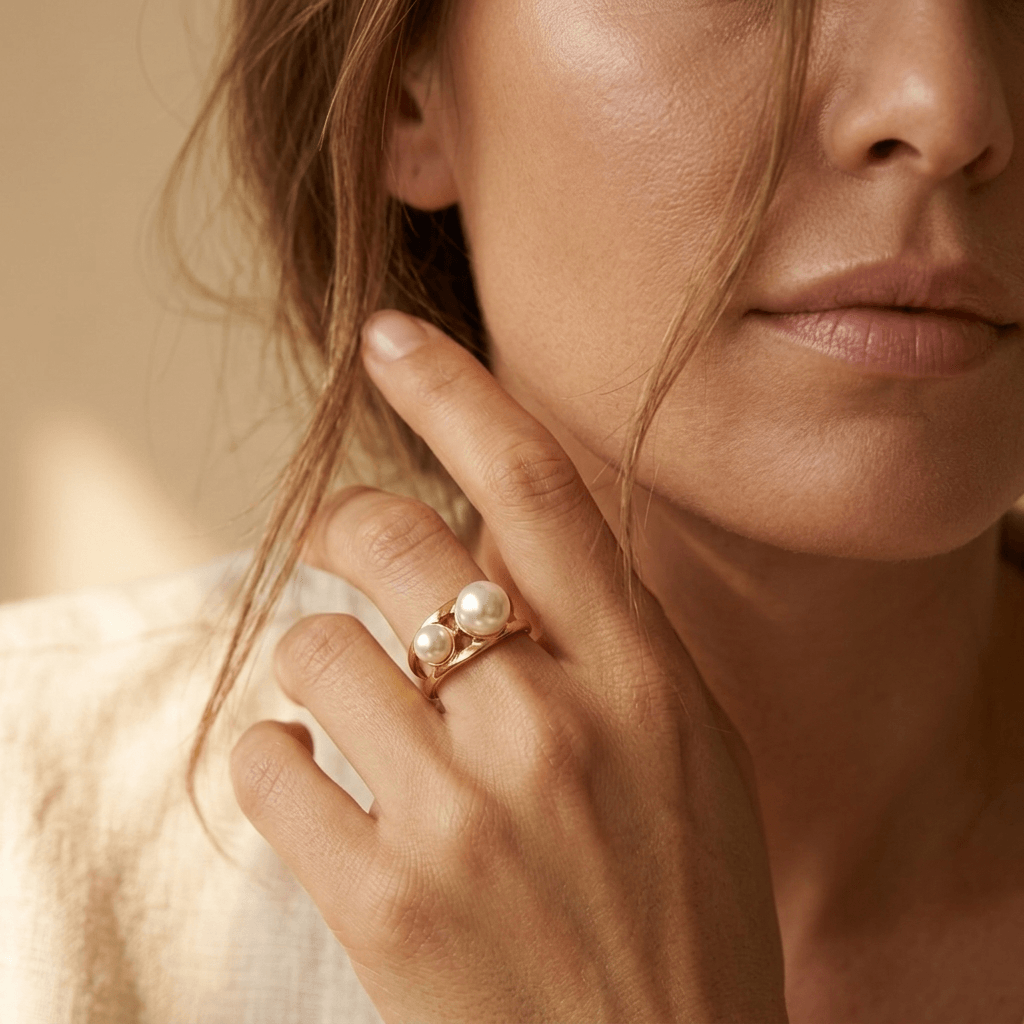 Gold Dual Pearl Geometric Opening Ring