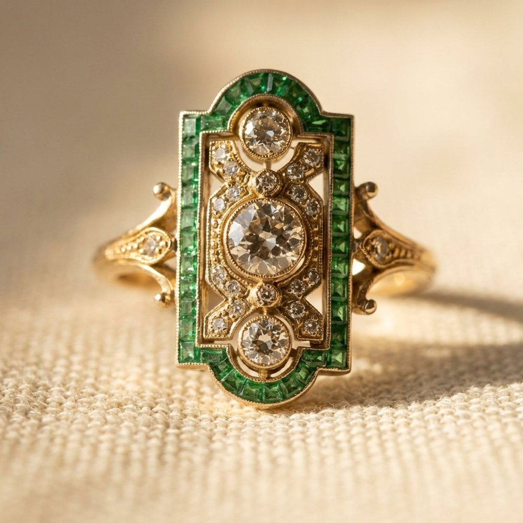 Art Deco Gold Diamond Emerald Ring