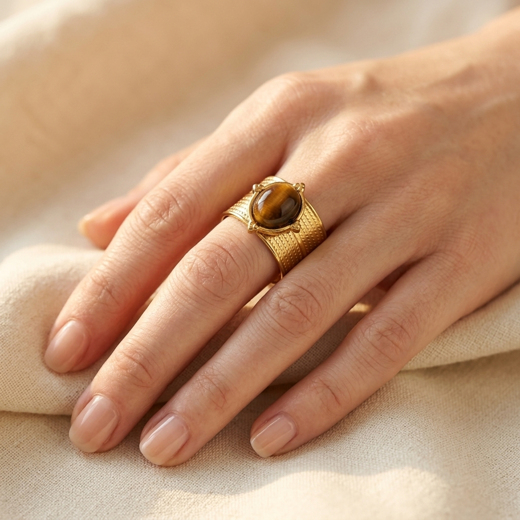 Golden Stainless Steel Tiger Eye Stone Ring