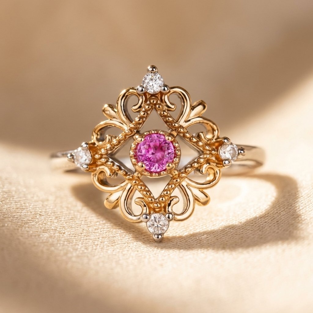 Vintage Gold Pink Sapphire Filigree Ring