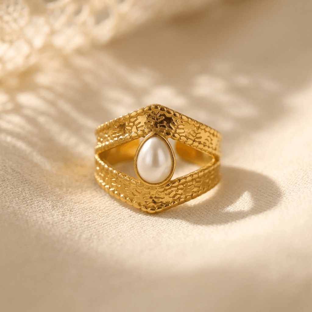 Gold Textured Pearl Open Statement Ring