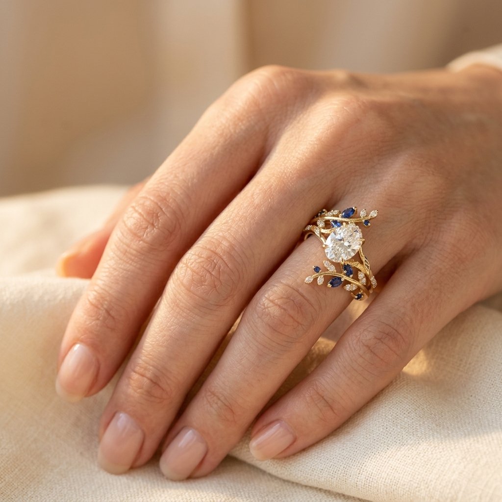 Gold Oval Diamond Sapphire Floral Ring