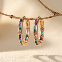 Rainbow Gemstone Gold Channel Hoop Earrings