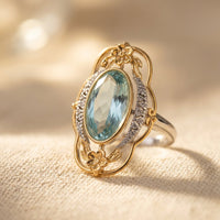 Vintage Gold Aquamarine Oval Floral Ring
