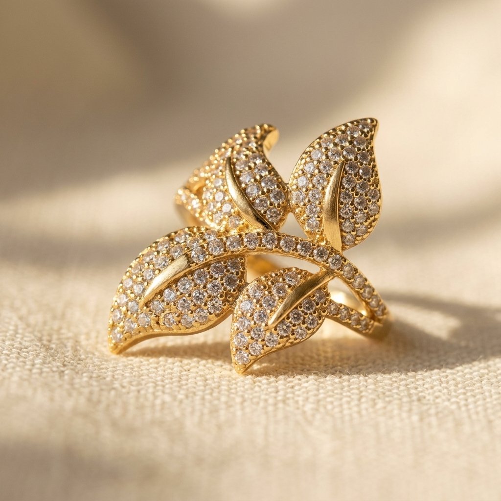 Gold Cubic Zirconia Filigree Leaf Ring