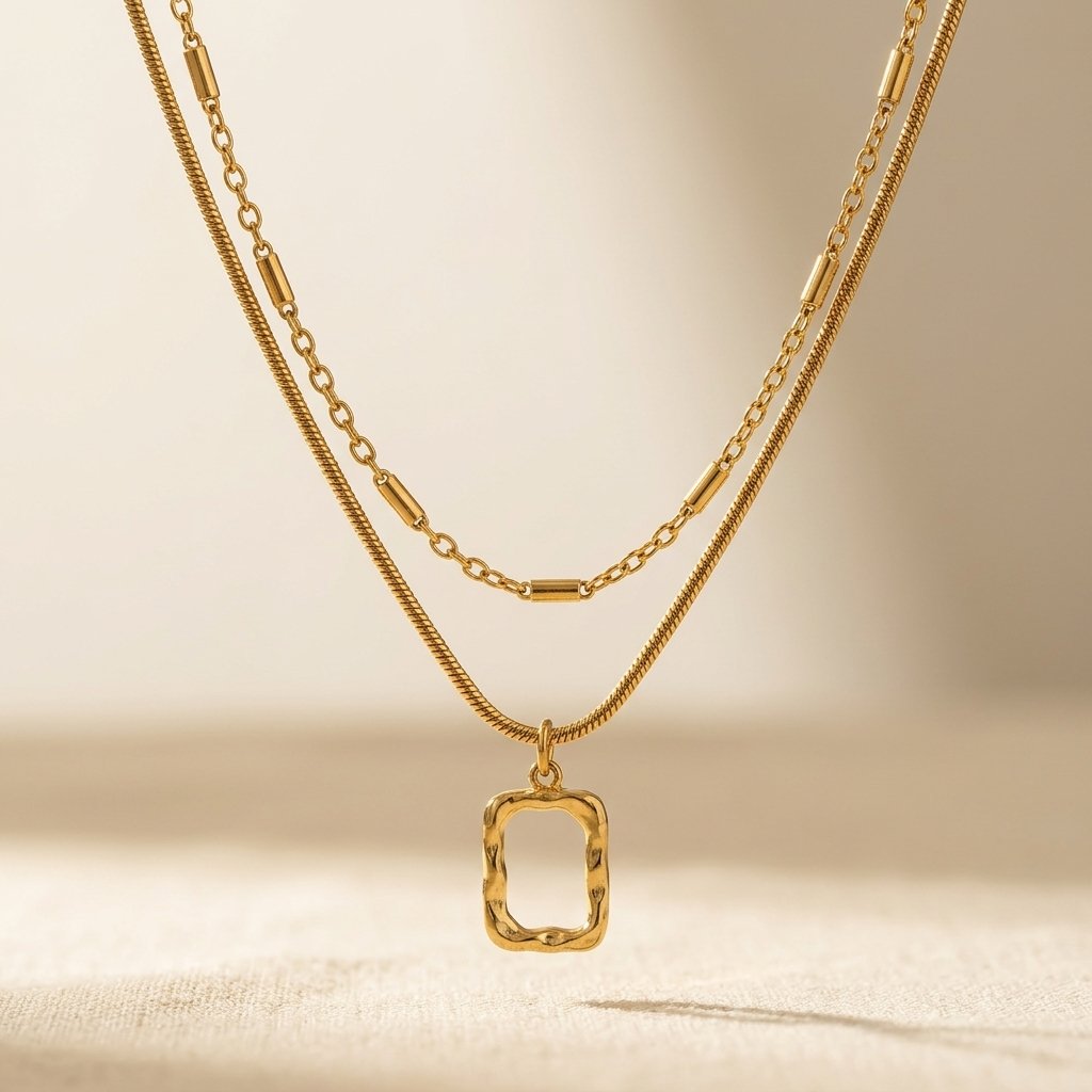 Minimalist Gold Double Layer Square Pendant Necklace