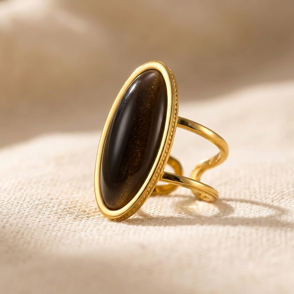 Gold Oval Black Onyx Statement Ring