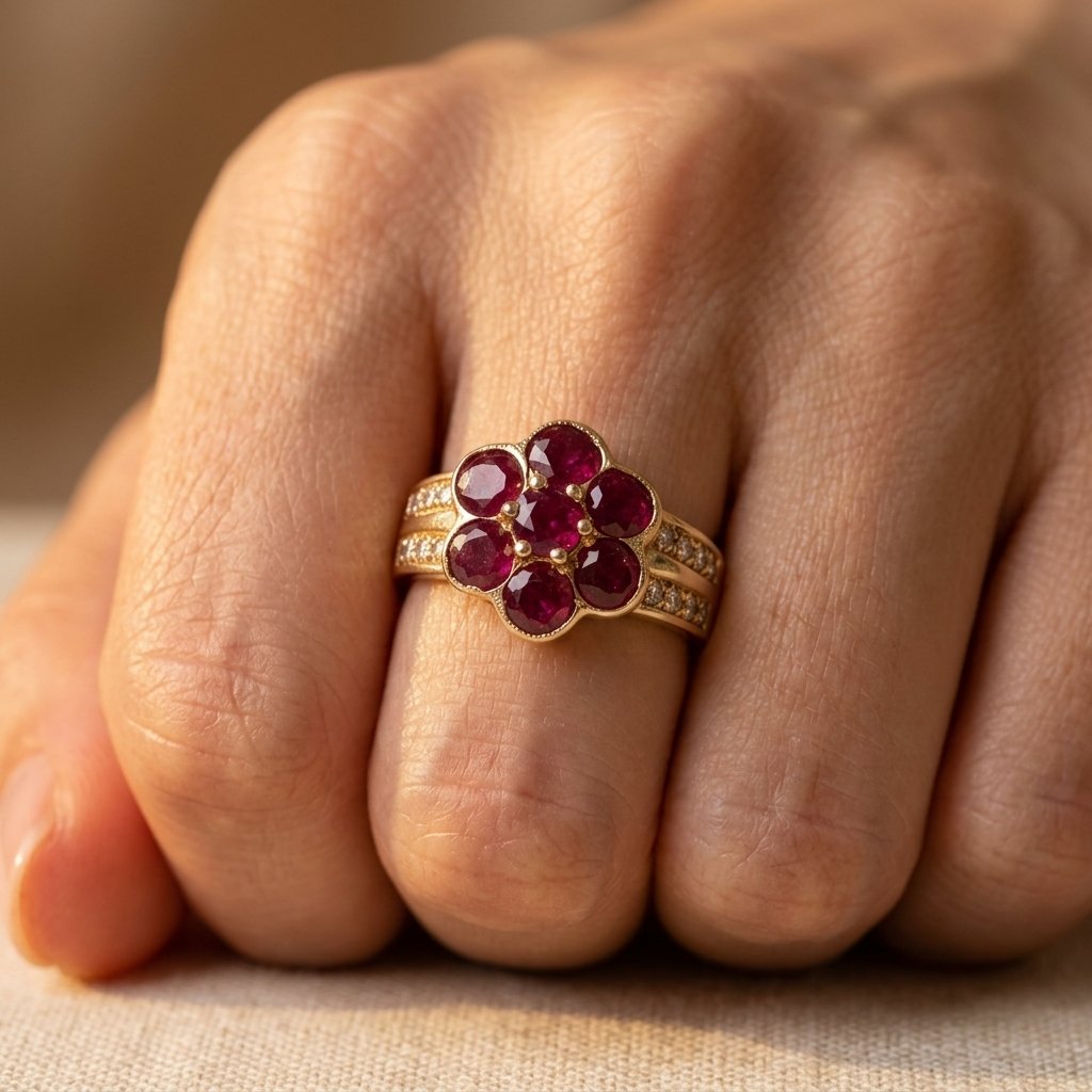 Vintage Gold Ruby Floral Cluster Ring