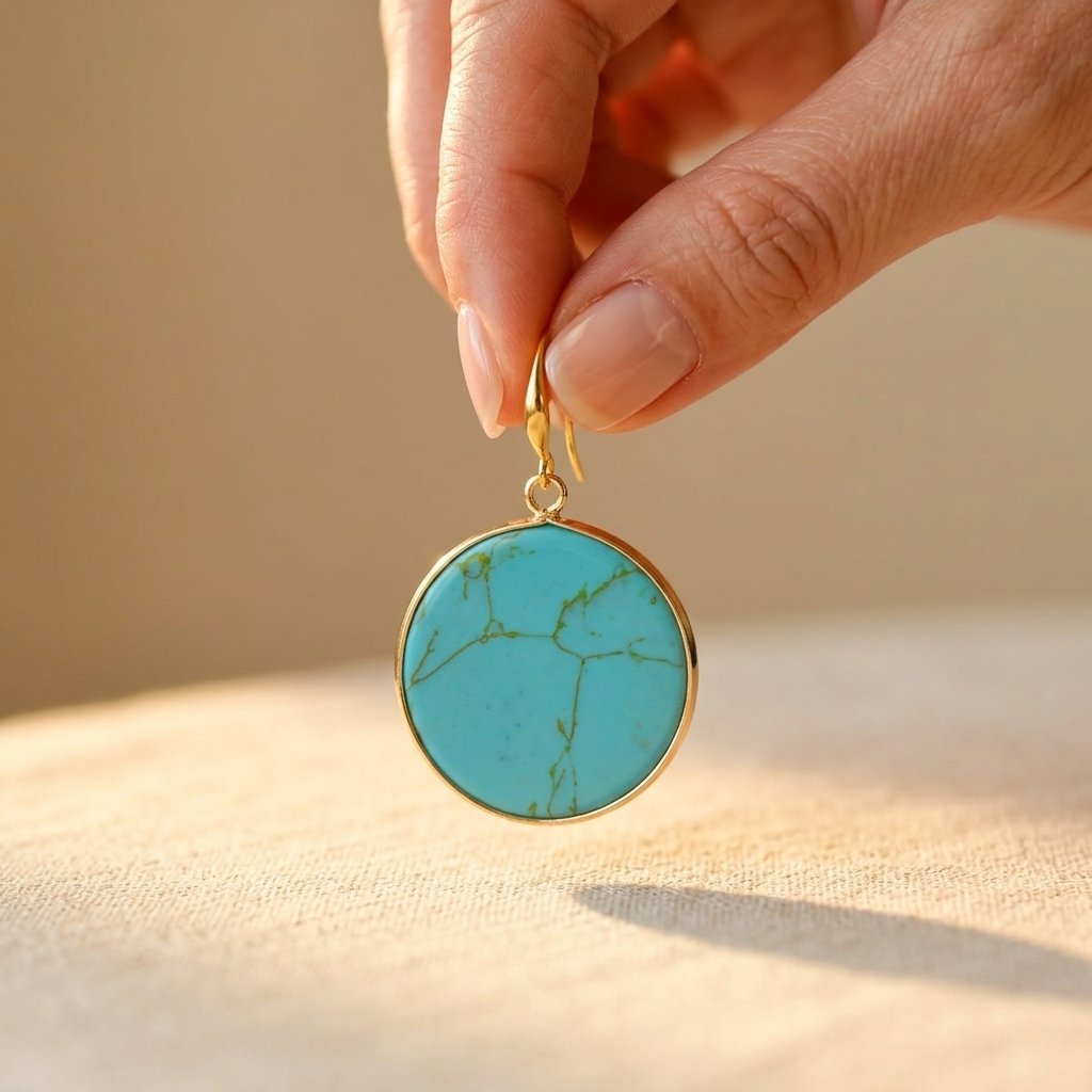 Boho Gold Turquoise Veined Round Earrings