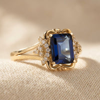Vintage Gold Sapphire Emerald Cut Filigree Ring