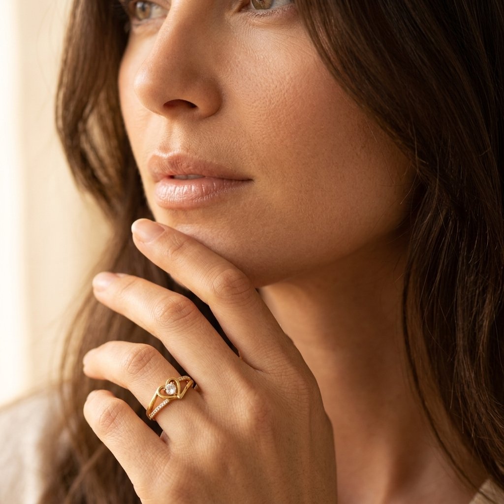 Gold Heart Shaped Round Cubic Zirconia Ring