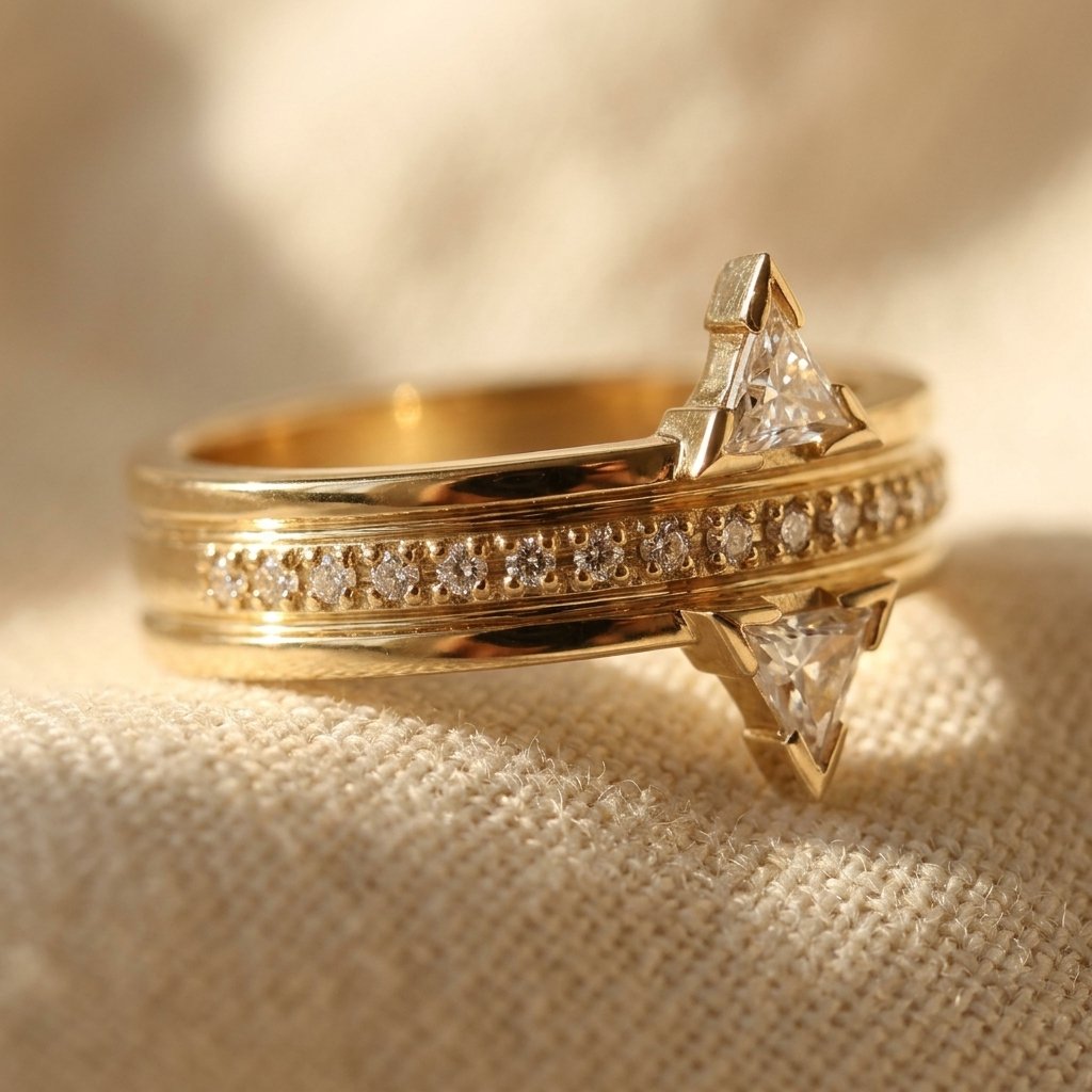 Geometric Gold Triangle Diamond Star Ring