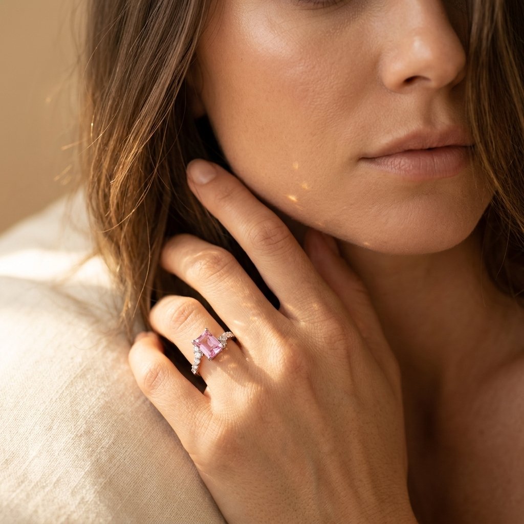 Pink Cushion Silver Diamond Accent Ring