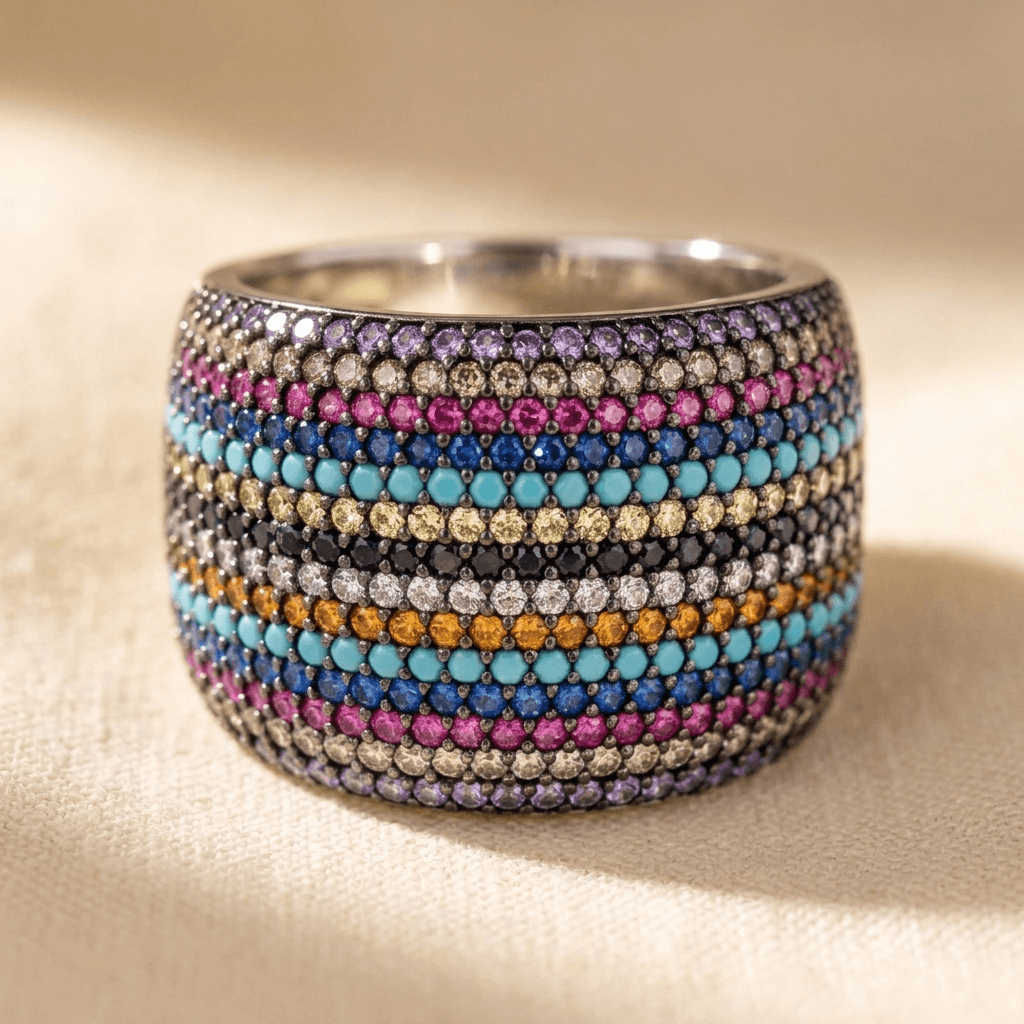 Sparkling Synthetic Zirconia Carved Pattern Wide Ring