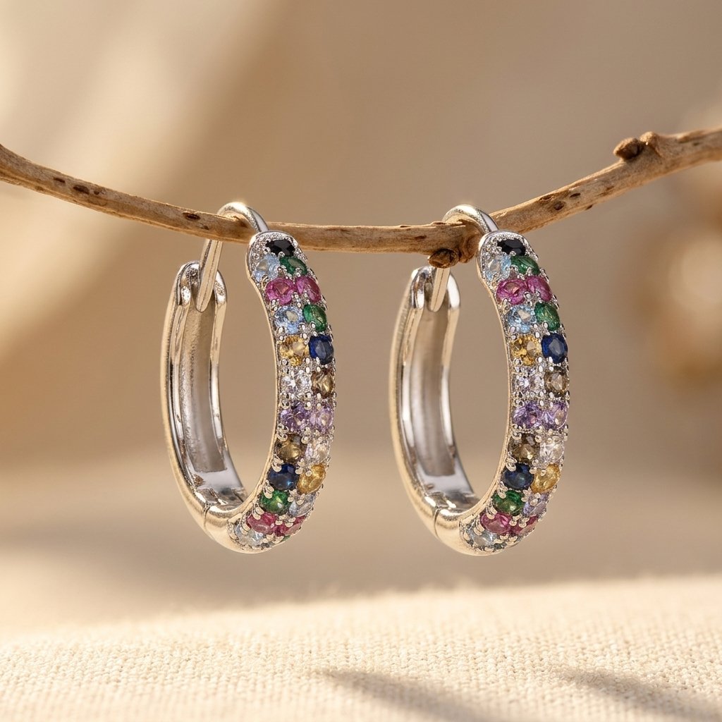 Rainbow Cubic Zirconia Silver Hoop Earrings