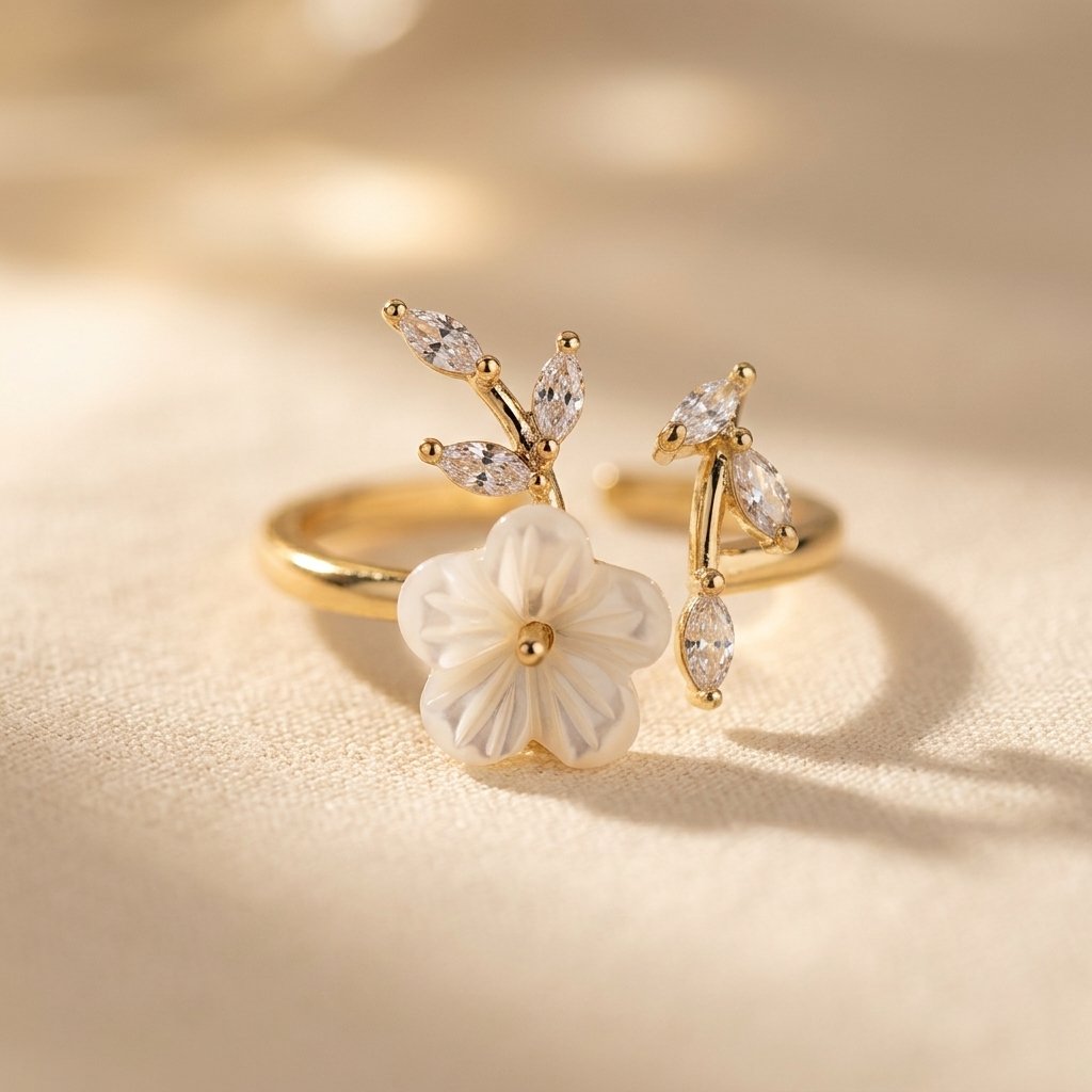 Gold Pearl Carved Flower Ring
