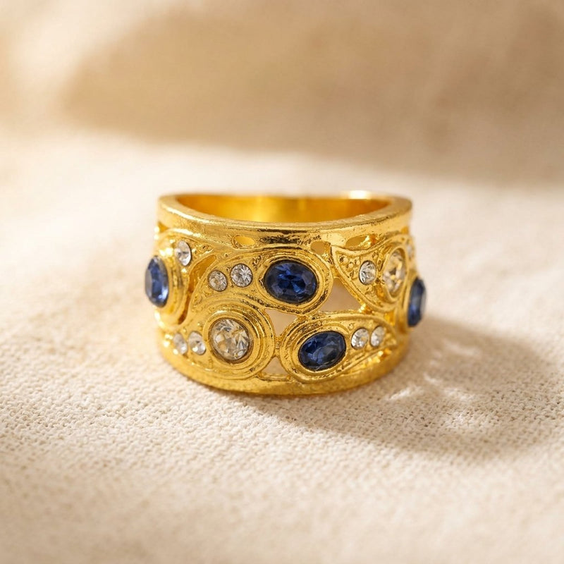 Vintage Gold Sapphire Blue Openwork Band Ring