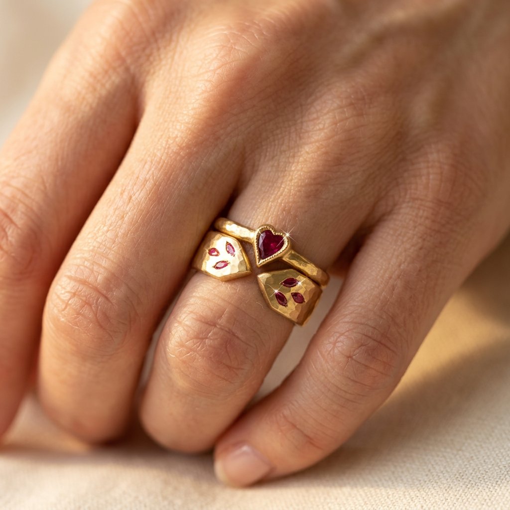 Vintage Gold Ruby Heart Texture Ring