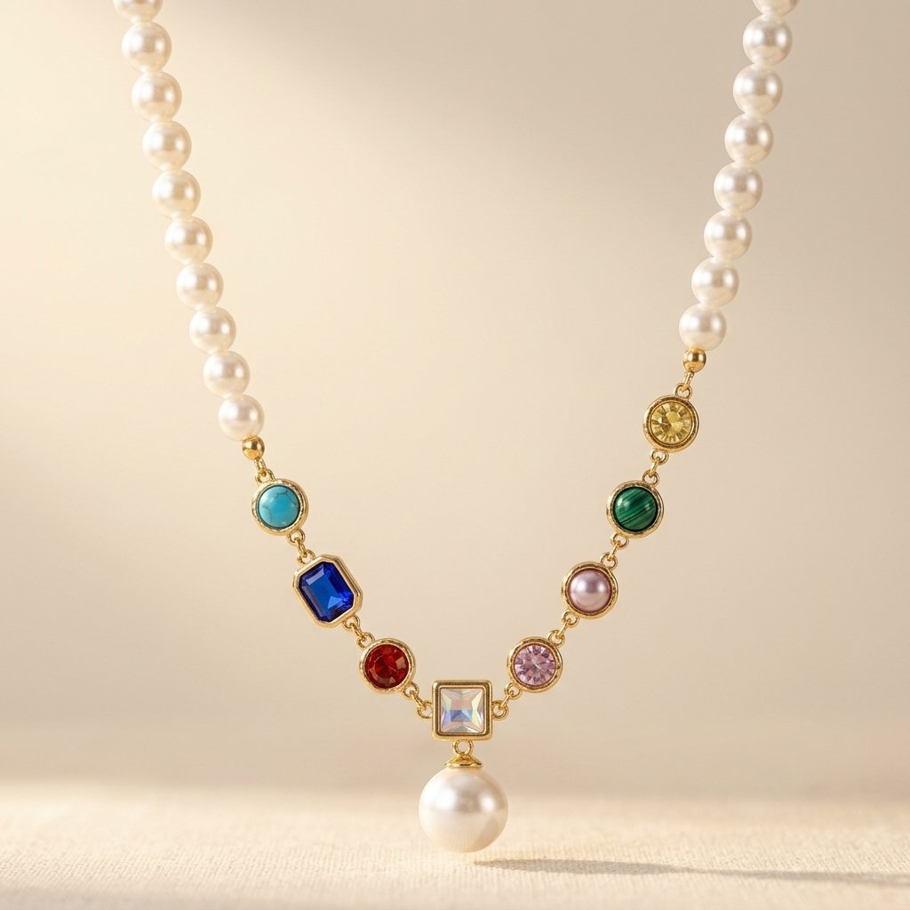 Gold Pearl Multistone Pendant Necklace