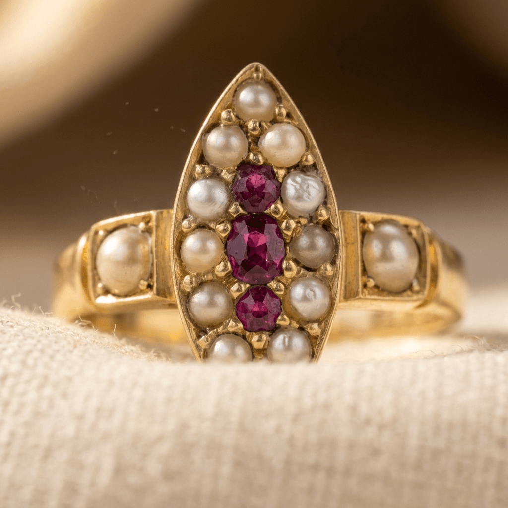 Vintage Gold Pearl Ruby Oval Ring