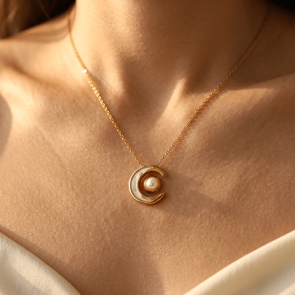 Gold Moon Pearl Crescent Pendant Necklace
