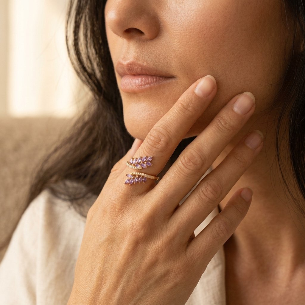 Gold Purple Amethyst Marquise Leaf Ring
